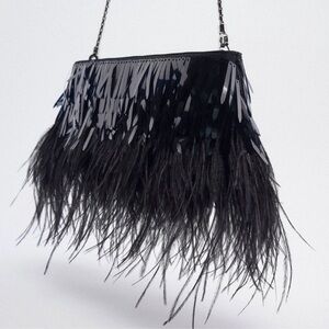 Zara Black Feathered Sequin Bag with Chain